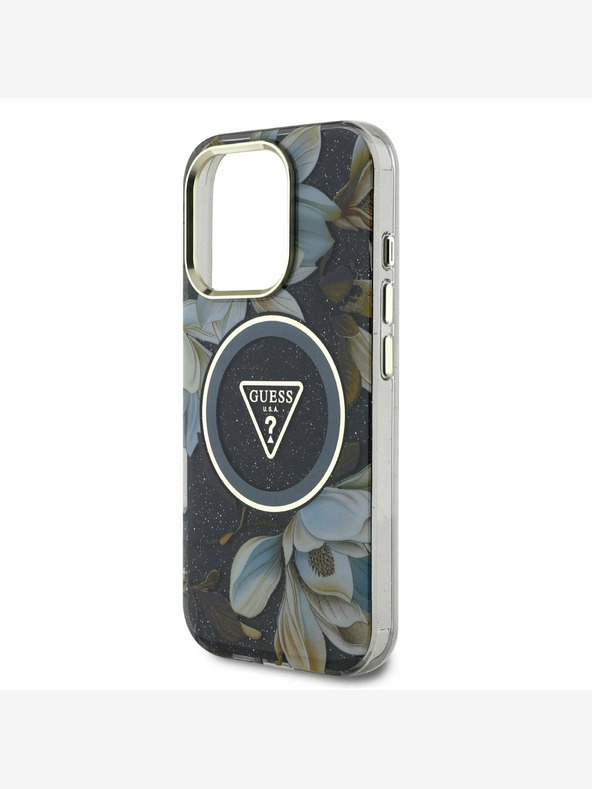 Guess Guess IML Glitter Magnolia and Triangle Logo MagSafe Zadní Kryt pro iPhone 16 Pro Max Black