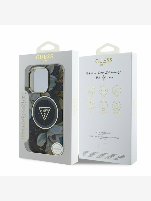 Guess Guess IML Glitter Magnolia and Triangle Logo MagSafe Zadní Kryt pro iPhone 16 Pro Max Black