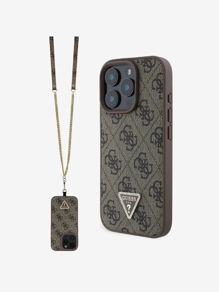 Guess PU 4G Strass Triangle Metal Logo Zadní Kryt + Crossbody Popruh pro iPhone 16 Pro Max Brown Obal na telefon