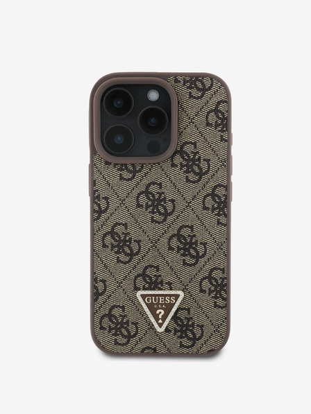Guess PU 4G Strass Triangle Metal Logo Zadní Kryt + Crossbody Popruh pro iPhone 16 Pro Max Brown Obal na telefon