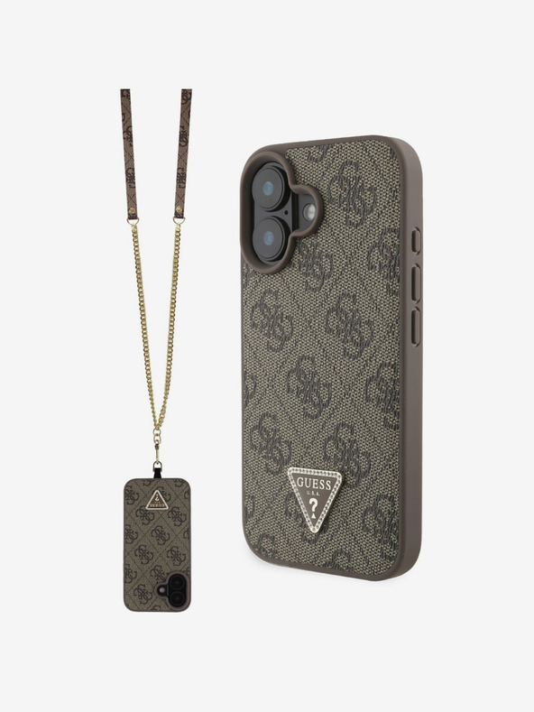 Guess Guess PU 4G Strass Triangle Metal Logo Zadní Kryt + Crossbody Popruh pro iPhone 16 Brown
