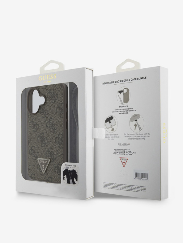 Guess Guess PU 4G Strass Triangle Metal Logo Zadní Kryt + Crossbody Popruh pro iPhone 16 Brown