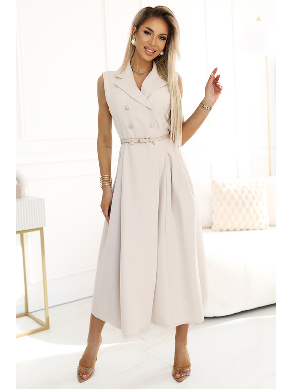 numoco Elegantní midi košilové šaty se zlatými knoflíky a páskem - béžové Numoco