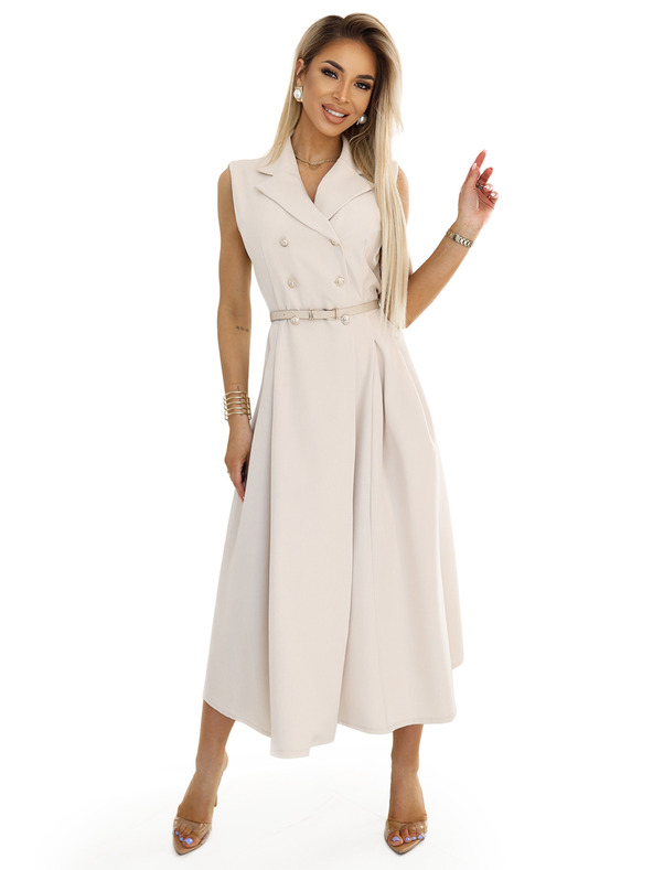 numoco Elegantní midi košilové šaty se zlatými knoflíky a páskem - béžové Numoco