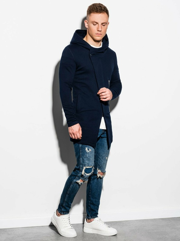 Ombre Clothing Tmavě modrá pánská prodloužená mikina na zip s kapucí B668 HUGO