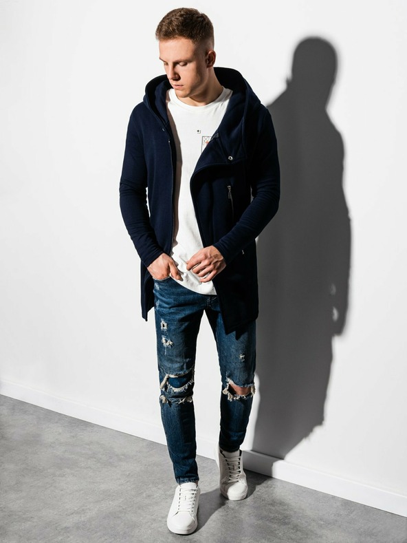 Ombre Clothing Tmavě modrá pánská prodloužená mikina na zip s kapucí B668 HUGO