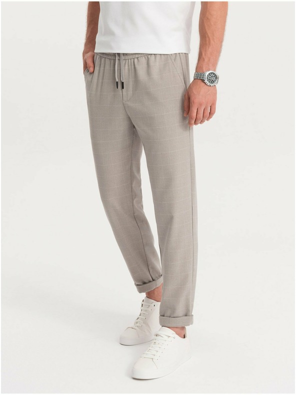 Ombre Clothing Světle šedé pánské kostkované kalhoty Ombre Clothing