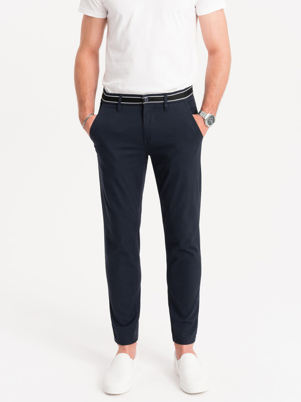 Ombre Clothing Tmavě modré pánské chino kalhoty s ozdobným páskem Ombre Clothing