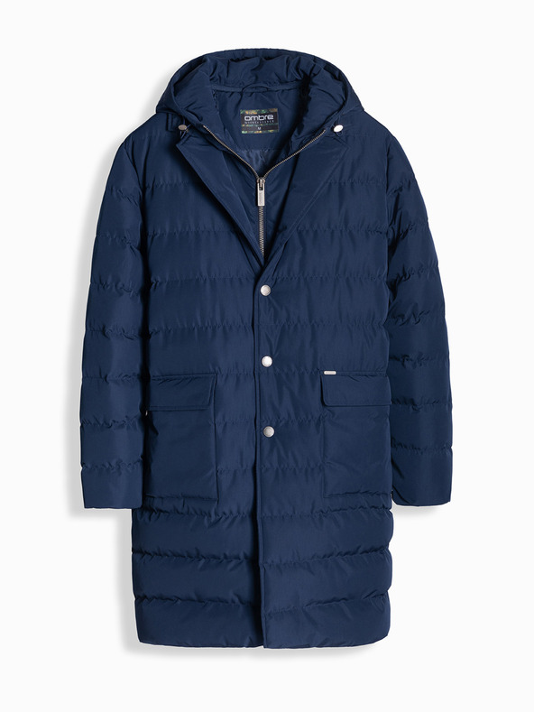 Ombre Clothing Pánská dlouhá prošívaná bunda s klopami a podšívkou tmavě modrá Ombre Clothing