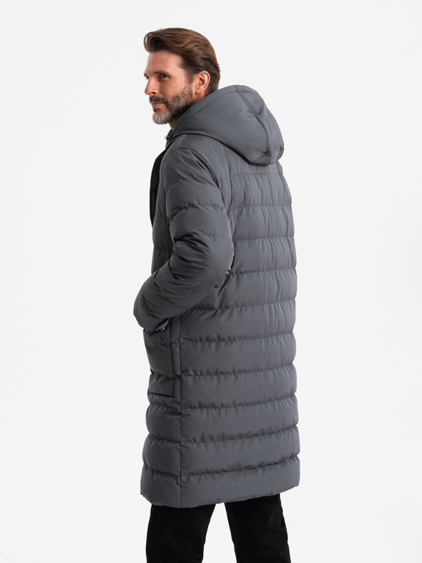 Ombre Clothing Pánská dlouhá prošívaná bunda s klopami a podšívkou grafitová Ombre Clothing