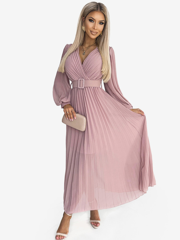 numoco Řasené šaty s páskem a výstřihem - pudrově růžové Numoco KLARA