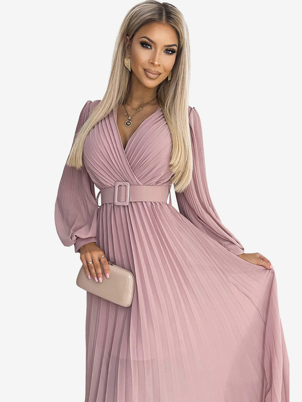 numoco Řasené šaty s páskem a výstřihem - pudrově růžové Numoco KLARA