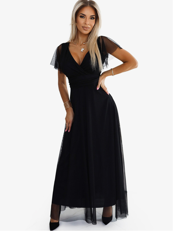 numoco Dlouhé šaty s výstřihem a krátkými rukávy - černé Numoco NASTIA