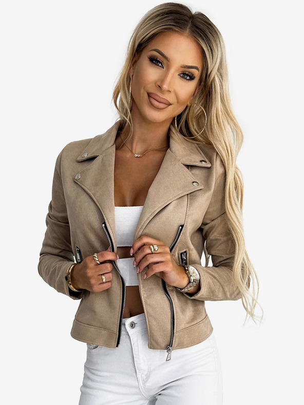 numoco Béžová dámský semišová bunda s dlouhým rukávem a zipy Numoco