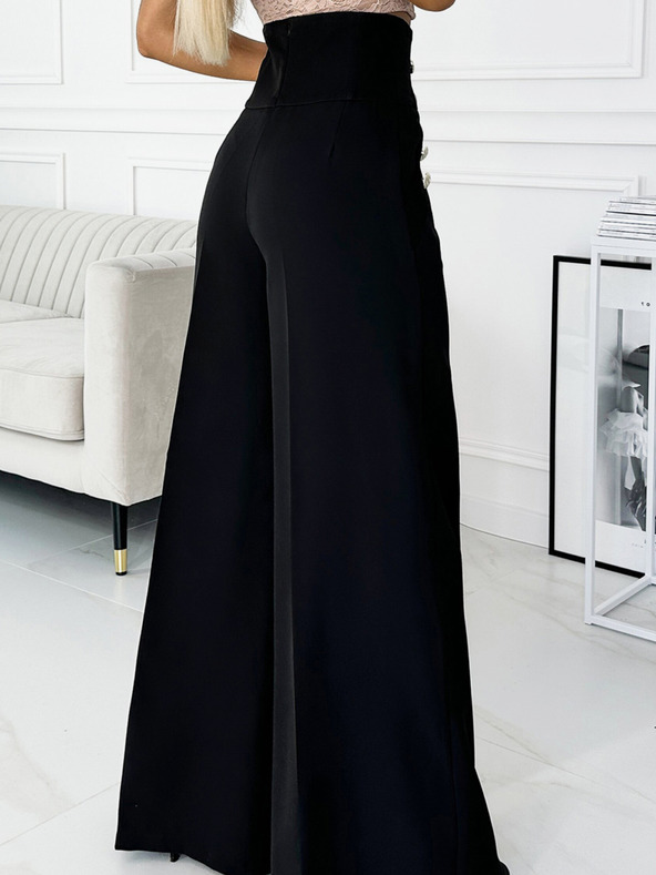 numoco Černé dámské elegantní široké kalhoty s vysokým pasem a zlatými knoflíky Numoco