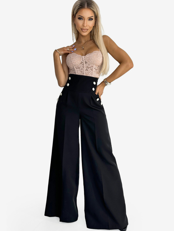 numoco Černé dámské elegantní široké kalhoty s vysokým pasem a zlatými knoflíky Numoco