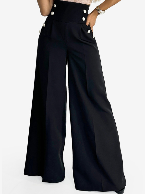 numoco Černé dámské elegantní široké kalhoty s vysokým pasem a zlatými knoflíky Numoco