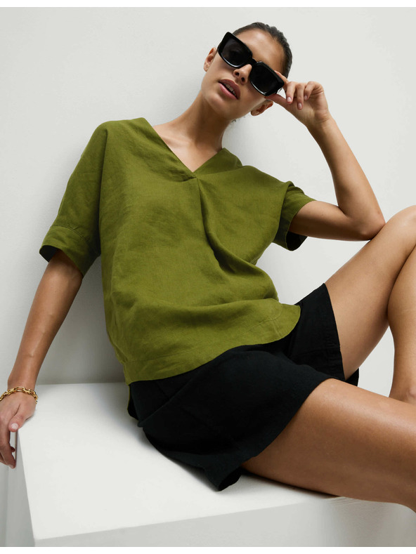 Marks & Spencer Volná halenka přes hlavu s výstřihem do V z čistého lnu Marks & Spencer zelená