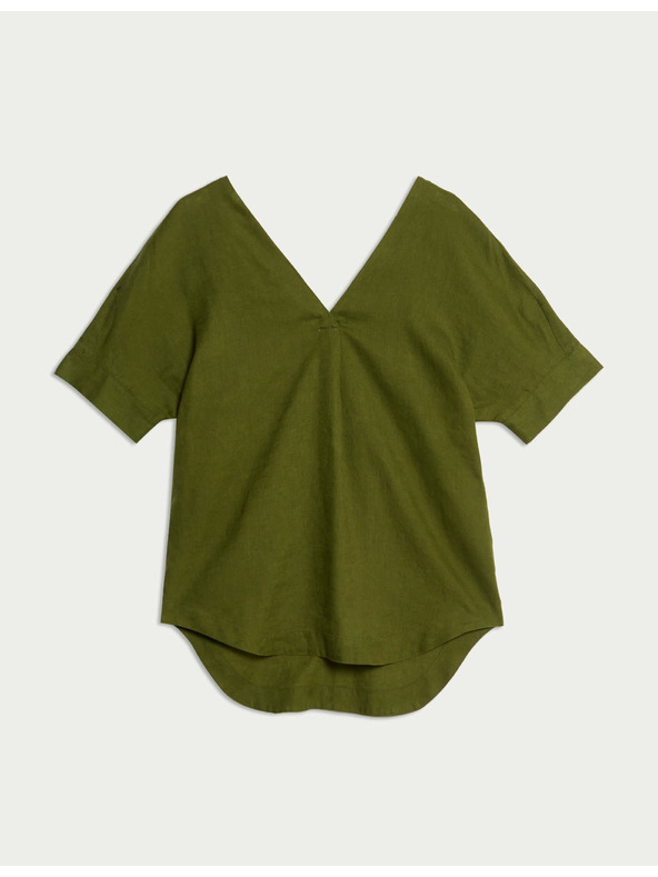 Marks & Spencer Volná halenka přes hlavu s výstřihem do V z čistého lnu Marks & Spencer zelená