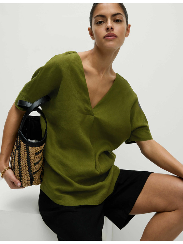 Marks & Spencer Volná halenka přes hlavu s výstřihem do V z čistého lnu Marks & Spencer zelená