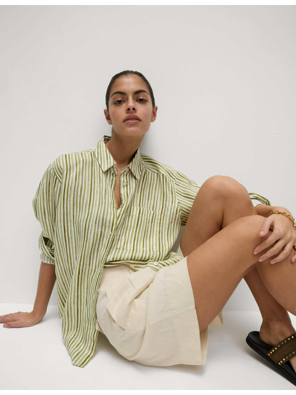 Marks & Spencer Pruhovaná košile velikosti maxi z čistého lnu Marks & Spencer zelená