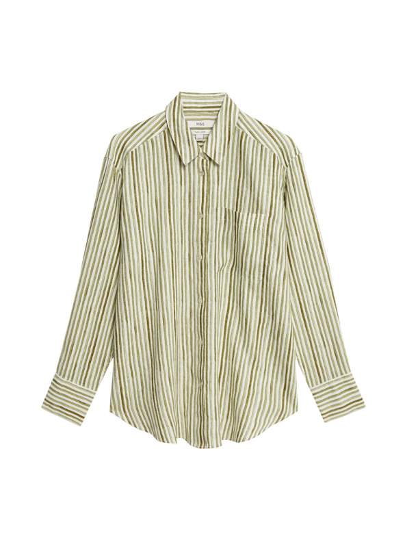 Marks & Spencer Pruhovaná košile velikosti maxi z čistého lnu Marks & Spencer zelená