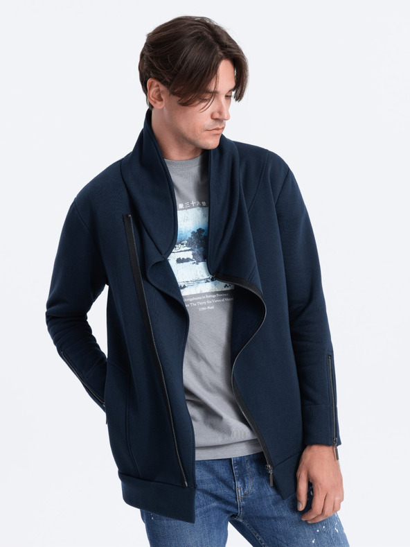 Ombre Clothing Tmavě modrá pánská mikina s asymetrickým zapínáním Ombre Clothing