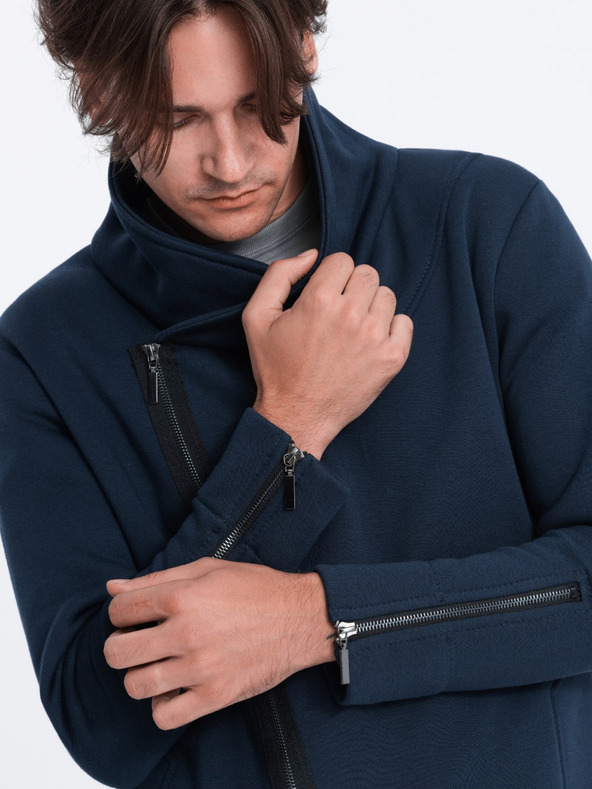 Ombre Clothing Tmavě modrá pánská mikina s asymetrickým zapínáním Ombre Clothing