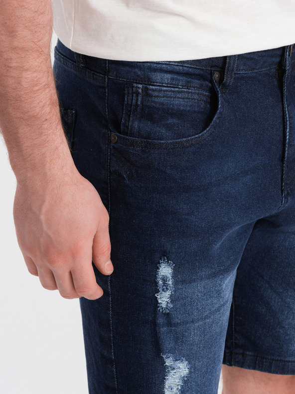 Ombre Clothing Tmavě modré pánské džínové kraťasy s dírami Ombre Clothing