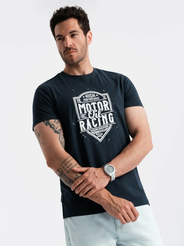 Ombre Clothing Tmavě modré pánské tričko s potiskem Ombre Clothing