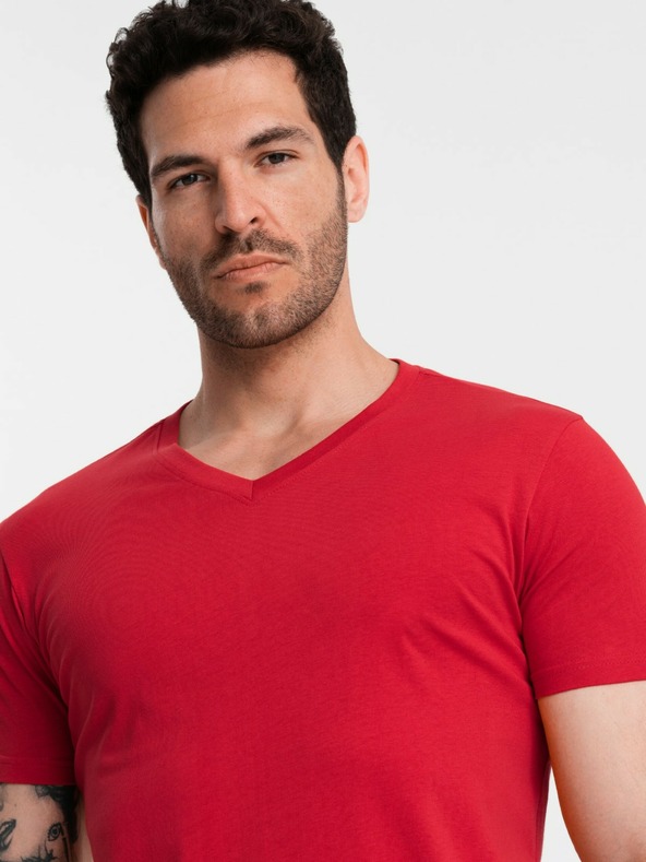 Ombre Clothing Červené pánské bavlněné basic tričko s výstřihem Ombre Clothing