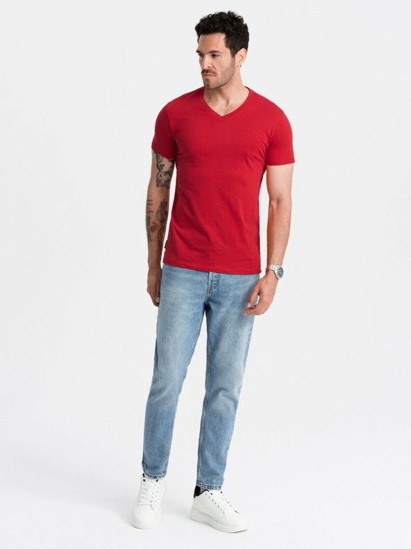 Ombre Clothing Červené pánské bavlněné basic tričko s výstřihem Ombre Clothing