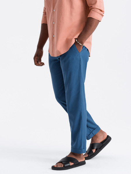 Ombre Clothing Modré pánské chino kalhoty s příměsí lnu Ombre Clothing