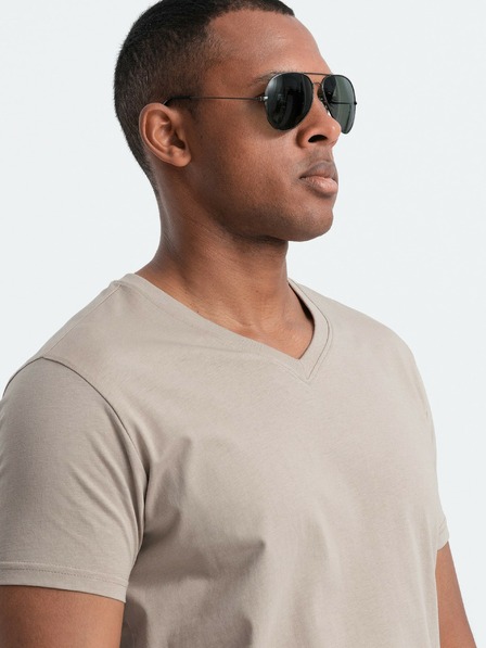 Ombre Clothing Pánské klasické bavlněné tričko BASIC s výstřihem - pískové V5 OM-TSBS-0145 Ombre Clothing