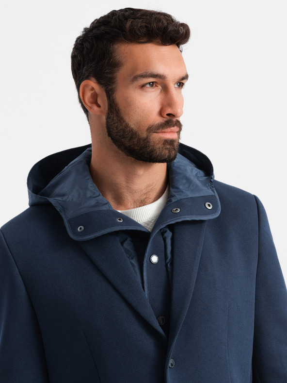 Ombre Clothing Pánská bunda s kapucí a vysokým límcem tmavě modrá Ombre Clothing