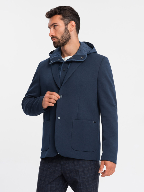 Ombre Clothing Pánská bunda s kapucí a vysokým límcem tmavě modrá Ombre Clothing