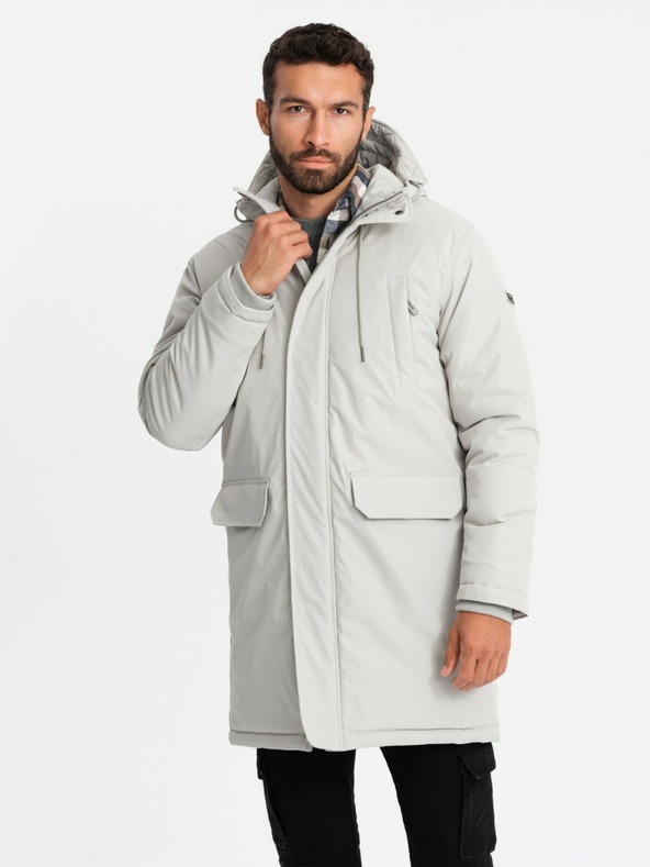 Ombre Clothing Pánská dlouhá klasická bunda parka krémová Ombre Clothing
