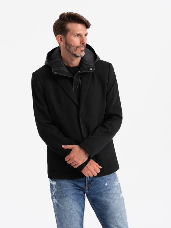 Ombre Clothing Pánská bunda s vysokým límcem a kapucí černá Ombre Clothing