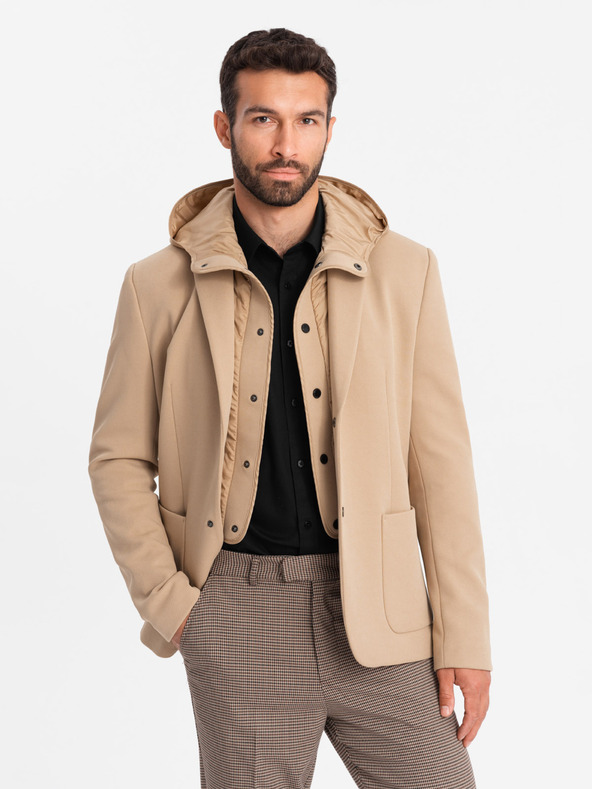 Ombre Clothing Pánská bunda s vysokým límcem a kapucí světle hnědá Ombre Clothing