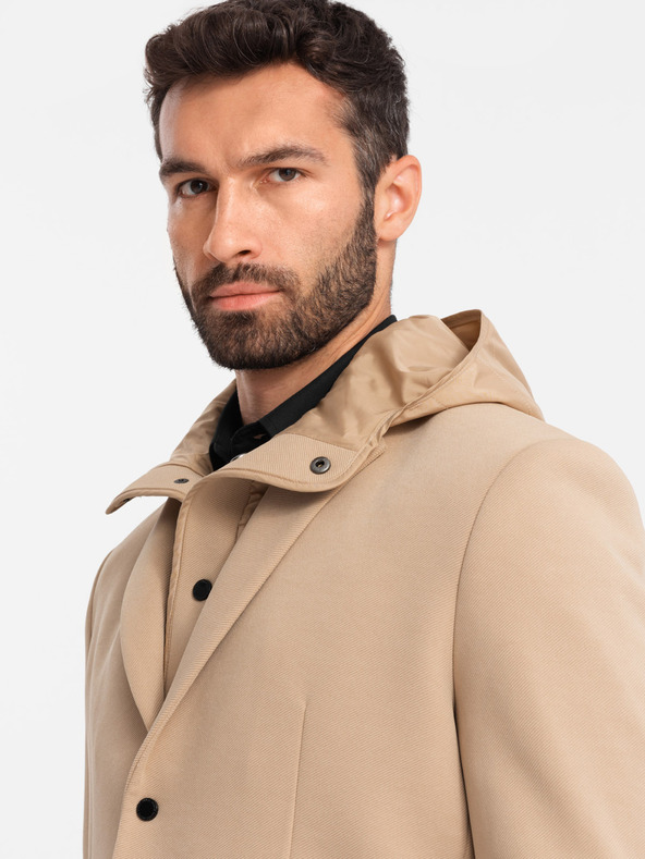 Ombre Clothing Pánská bunda s vysokým límcem a kapucí světle hnědá Ombre Clothing