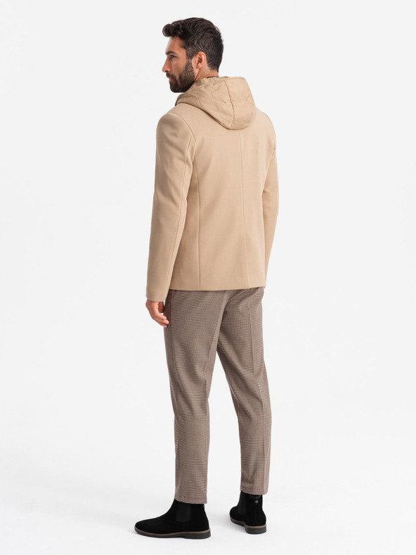 Ombre Clothing Pánská bunda s vysokým límcem a kapucí světle hnědá Ombre Clothing