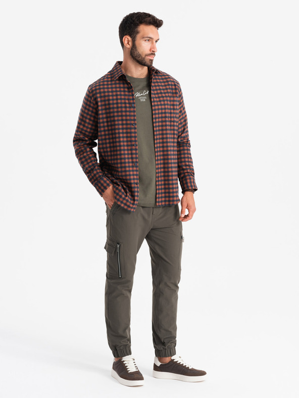 Ombre Clothing Pánské kalhoty jogger s kapsami a potiskem tmavě olivově zelené Ombre Clothing