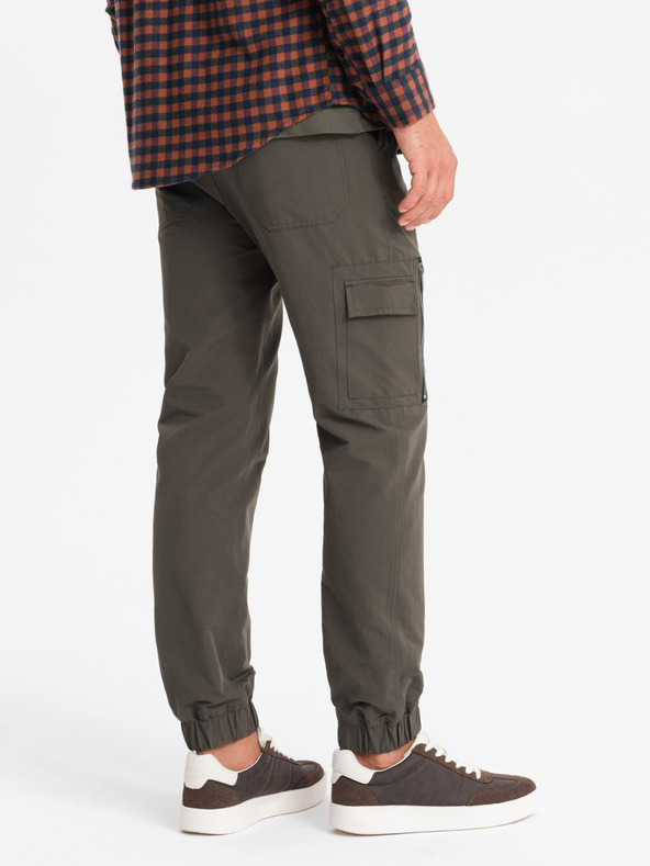 Ombre Clothing Pánské kalhoty jogger s kapsami a potiskem tmavě olivově zelené Ombre Clothing