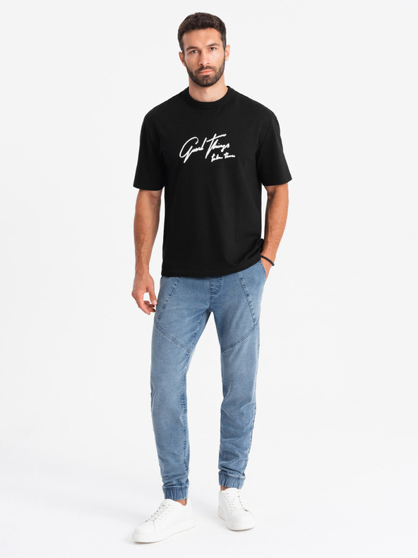 Ombre Clothing Pánské džínové tepláky s asymetrickým prošíváním modré Ombre Clothing