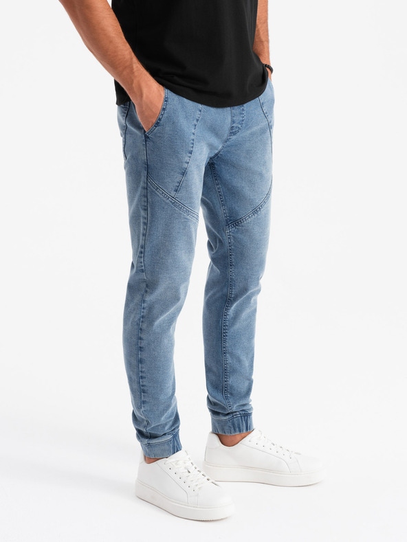 Ombre Clothing Pánské džínové tepláky s asymetrickým prošíváním modré Ombre Clothing