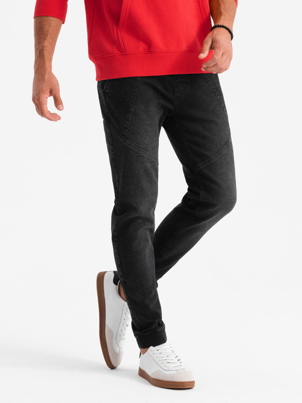 Ombre Clothing Pánské džínové tepláky s asymetrickým prošíváním černé Ombre Clothing