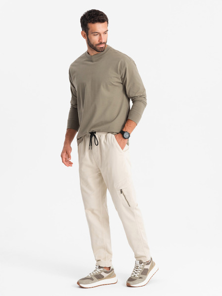 Ombre Clothing Pánské pletené tepláky s cargo kapsami krémové Ombre Clothing