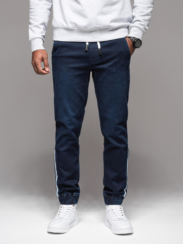 Ombre Clothing Pánské džínové tepláky s lemováním - tmavě modré V4 OM-PADJ-0156 Ombre Clothing