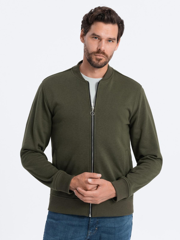 Ombre Clothing Bavlněná pánská mikina bomber na zip khaki Ombre Clothing