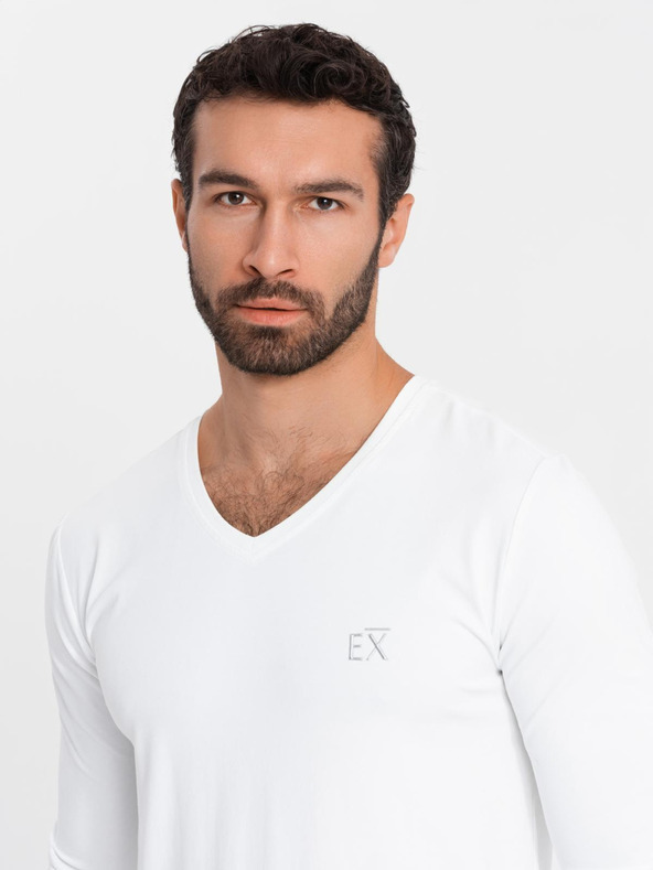 Ombre Clothing Pánské tričko SLIM FIT s dlouhým rukávem do V s elastanem a potiskem bílá Ombre Clothing